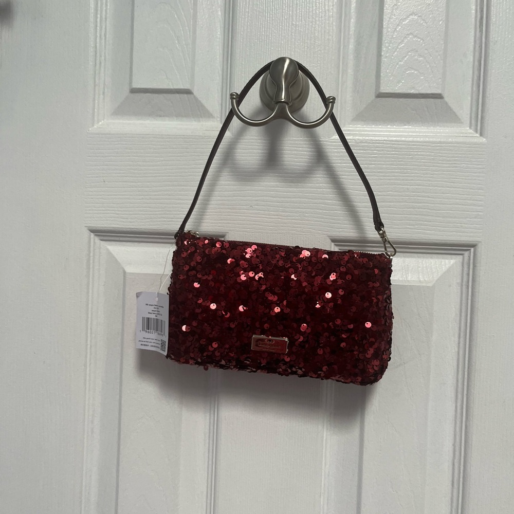 Kate Spade NY Kiki Sequin Fabric Convertible Bag Purse Wristlet Deep Berry New